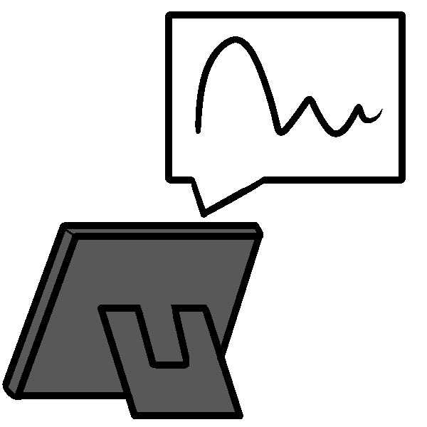  A gray tablet on a stand with a speech bubble coming from it. 